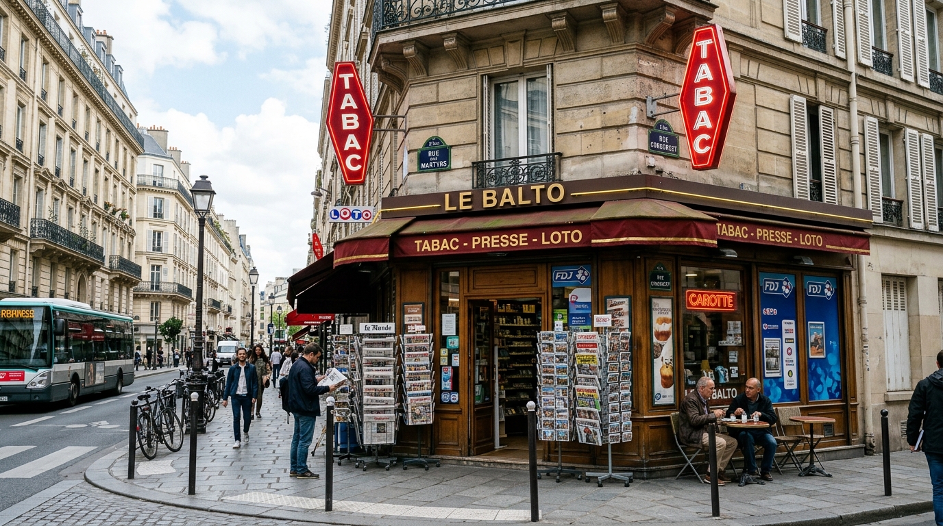 Bureau de tabac de quartier et ses enseignes rouges TABAC en forme de carotte